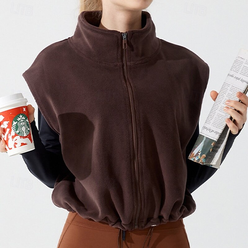 Women's Outerwear Stand Collar Windproof Lightweight Warm Full Zip Sleeveless Sports Solid Color Top For Outdoor Running Yoga Classic Fit Activewear3