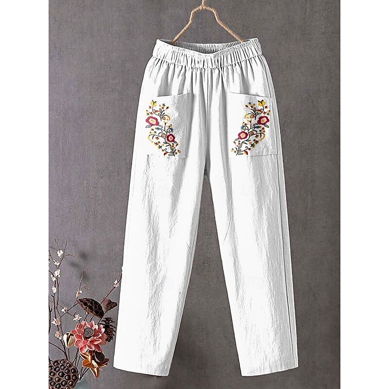 Women's Chinos Baggy Pants Straight Vacation Vintage Fashion Full Length High Waist Floral Graphic Plaid Embroidered Pocket Printing Soft Breathable Inelastic Formal Outdoor Vacation White Yellow2
