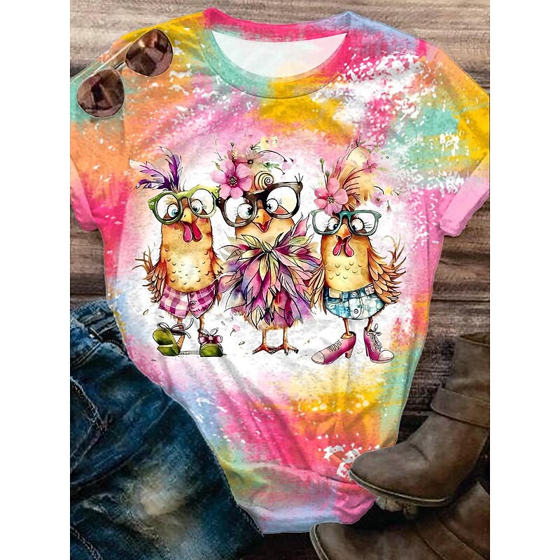 Women's T Shirt Ombre Graphic Animal Vintage Stylish Classic Short Sleeve Crew Neck Regular Tops Daily Weekend Print Pink Blue Brown Green Khaki Summer Spring