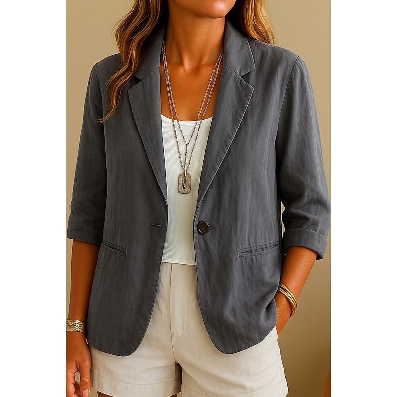 Women's Blazer Comfortable Breathable Pocket Casual Plain Office Street Casual Daily Wear Single Breasted Regular Turndown Regular Fit Long Sleeve Outerwear Blue Beige Gray Summer Spring