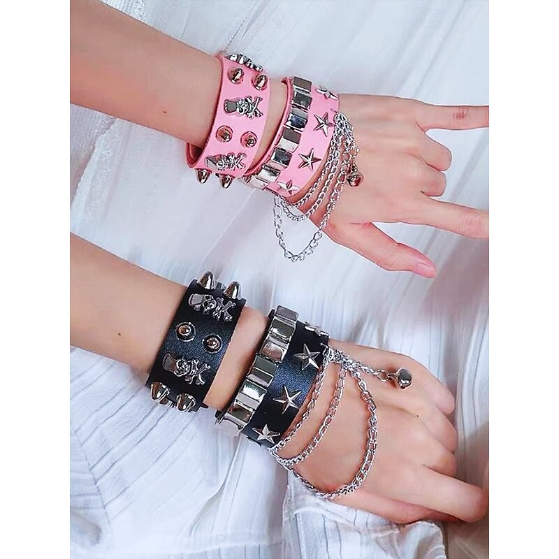 Unisex Halloween Punk Skull Studded Faux Leather Bracelet with Chains – Adjustable Gothic Wristband for Costume Party, Cosplay and Rock Concerts4