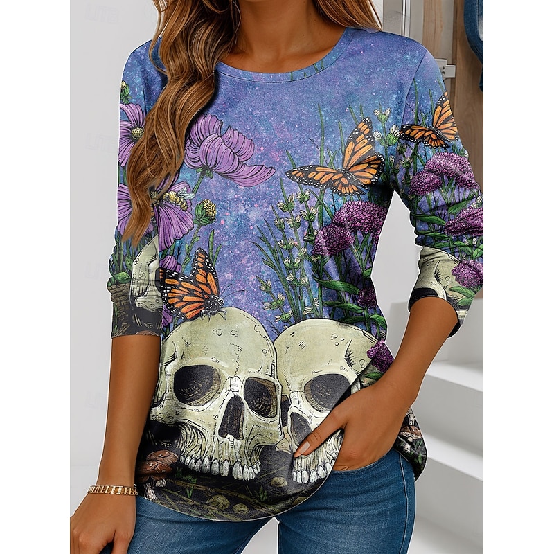 By David Lozeau Halloween Women's T Shirt Skulls Crew Neck Long Sleeve Tunic Floral Graphic  Vintage Stylish Classic  Regular Tops Daily Print