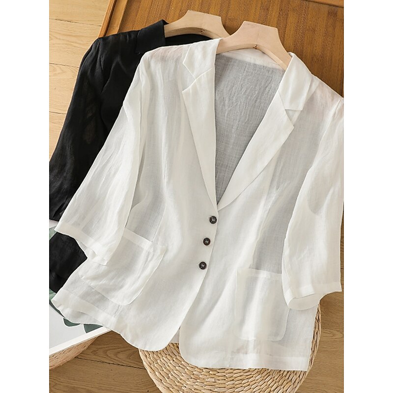 Women's Blazer Comfortable Breathable Pocket Casual Plain Office Street Casual Daily Wear Single Breasted Regular Turndown Regular Fit Long Sleeve Outerwear Black White Summer3