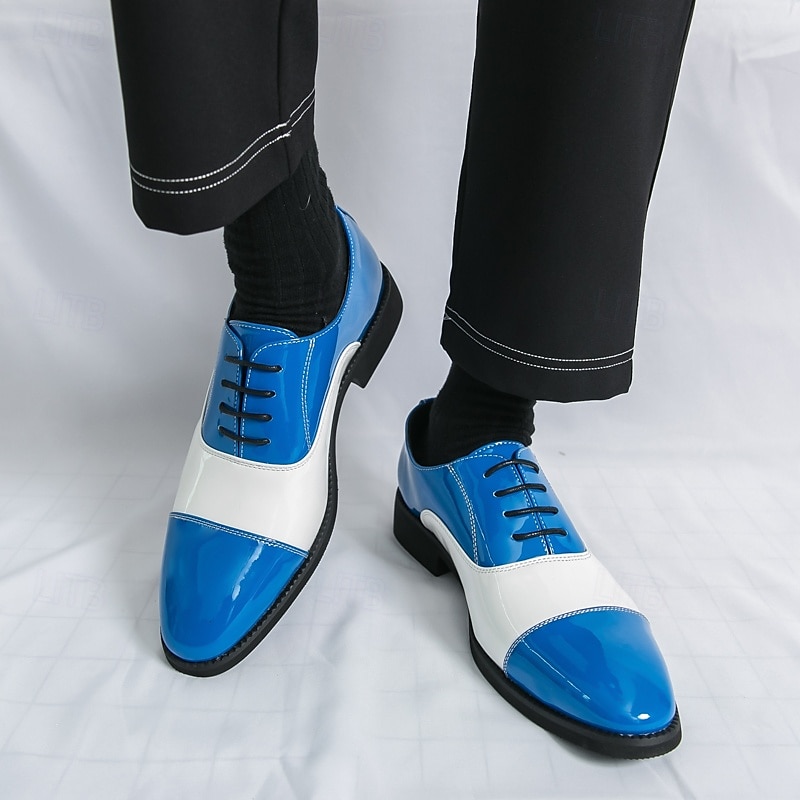 Men's Blue and White Oxford Dress Shoes with Polished Finish, Vintage Two-Tone Lace-Up Shoes for Stage Shows, Parties and Retro Fashion Eventsr2