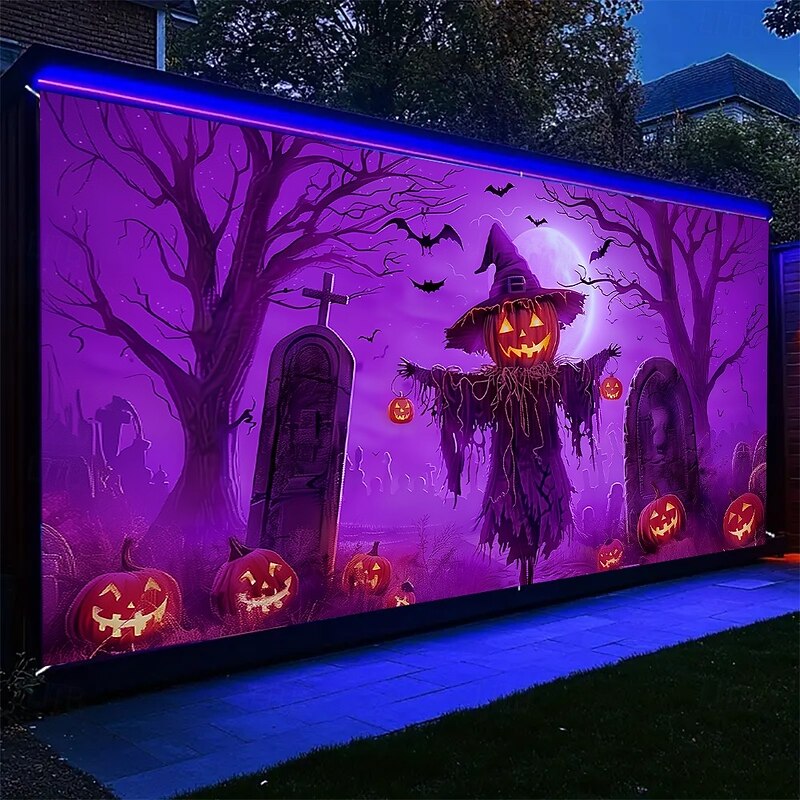Halloween Garage Door Cover Neon Scarecrow in Haunted Graveyard Banner, Glowing Blacklight Backdrop Decoration for Holiday Outdoor Garage Door and Home Wall, 2025 Halloween Decorations2