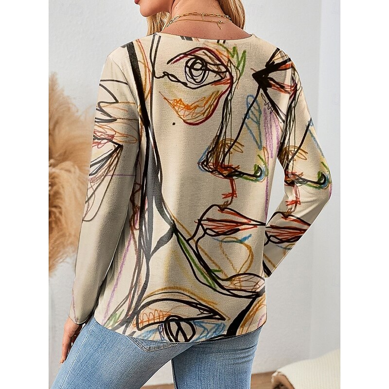 Women's T shirt Long Sleeve V Neck Long Sleeve Tunic Graphic Abstract Vintage Stylish Classic Regular Tops Daily Print Blue Purple Green Khaki Spring Fall Prefall2
