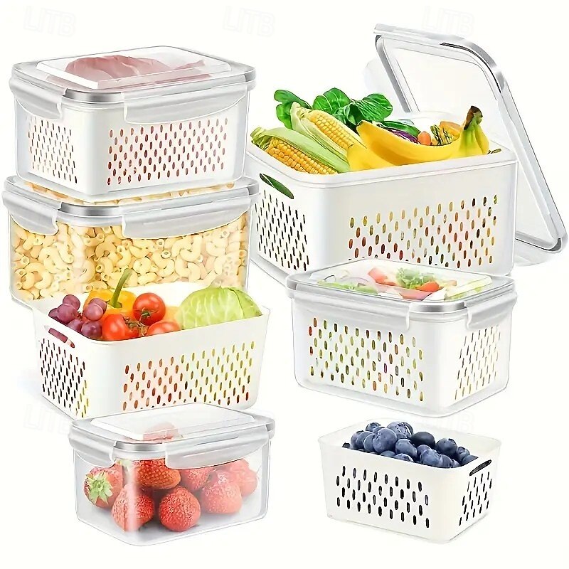 6-Pack BPA-Free Polypropylene Food Storage Containers with Lids, Stackable Refrigerator Organizer Bins with Drain Tray for Fruits, Vegetables, and Dry Goods, Versatile Kitchen Storage System Ideal for Camping and Dining