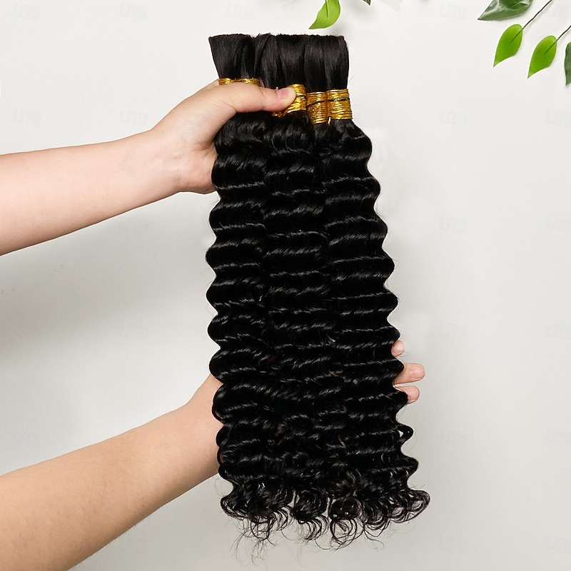 3 Bundle Of Human Hair Natural Color No Weft Remy Bulk Hair Deep Wave Huamn Hair 10-28 Inches4