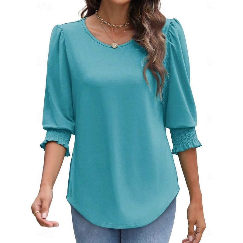 Women's Blouse Solid Color Stylish Casual 3/4 Length Sleeve Crew Neck Regular Tops Daily Black White Red Blue Summer Spring Fall4