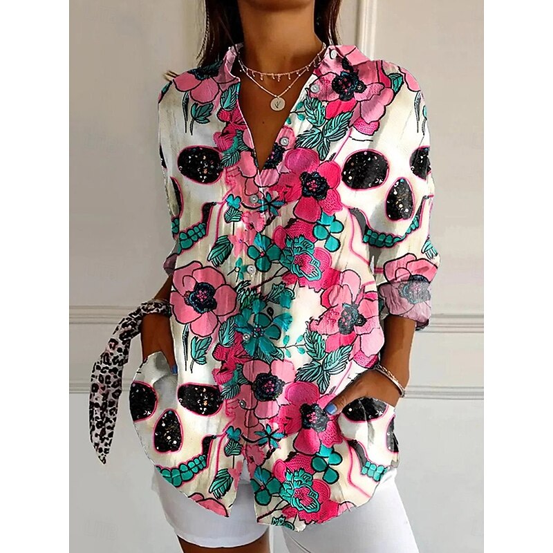 Halloween Women's Shirt Button Down Tunic Shirt Collar Long Sleeve Bat Graphic Vintage Casual Regular Tops Work Daily s Print Black Pink Orange Gray Spring Fall3