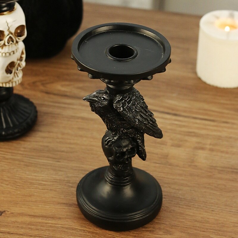 Halloween Resin Figurine Scary Skeleton Crow Candle Holder Gothic Spooky Decor for Home Tabletop Haunted House Party Decoration Creepy Holiday Resin Ornament Accessory2