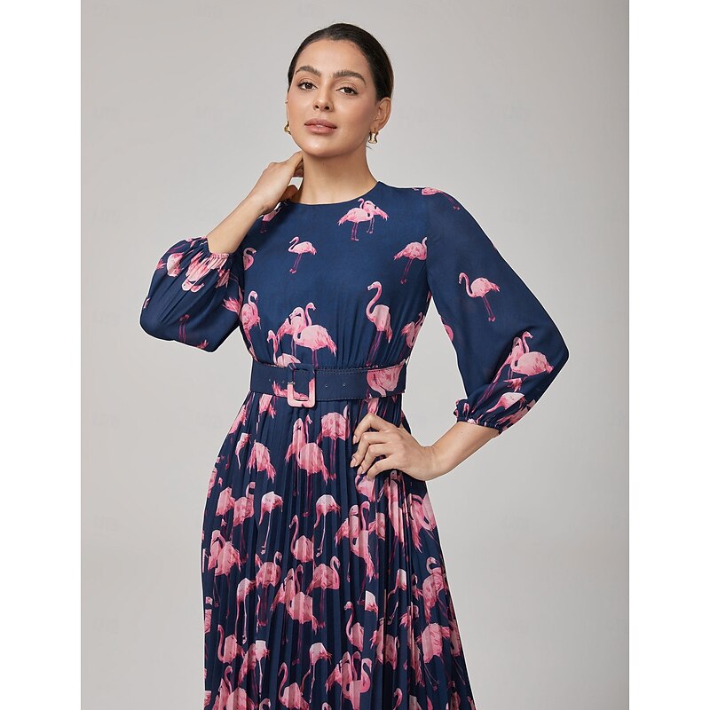 Women's Female Casual Dress Pink Flamingo Summer Fall Cross-Seasons Round Vacation XS S M2