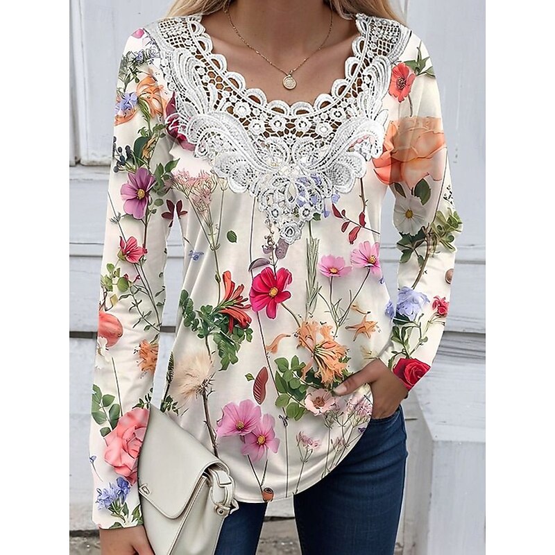 Women's Blouse Tunic Lace Splicing V Neck Long Sleeve T Floral Graphic Plants Casual Crew Neck Regular Tops Daily Lace Eyelet White Green off-white Spring Fall Prefall2