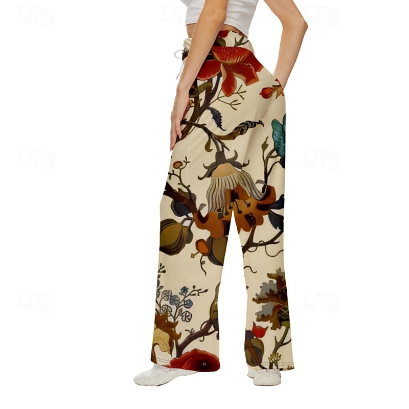Women's Wide Leg Slacks Streetwear Casual Full Length Natural Flower Print Elastic Drawstring Design Comfy Daily Wear Weekend Red Fall Regular Fit2