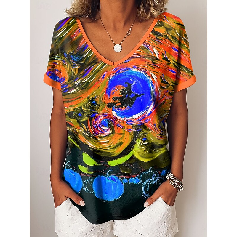 Halloween Women's T shirt Witch Graphic Abstract Vintage Casual Short Sleeve V Neck Regular Tops Daily Weekend Vacation Wear Print Blue Orange Green Summer Fall2