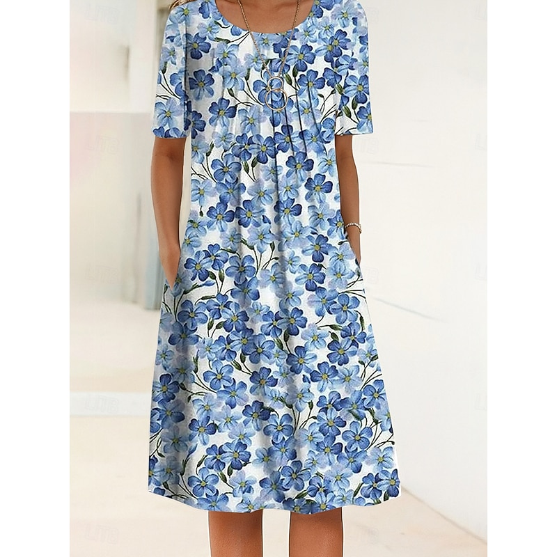 Women's Midi Dress Shift Dress Summer Dress Vacation Casual Daily Regular Fit Floral Graphic Half Sleeve Crew Neck Red Blue Dark Blue Summer Spring