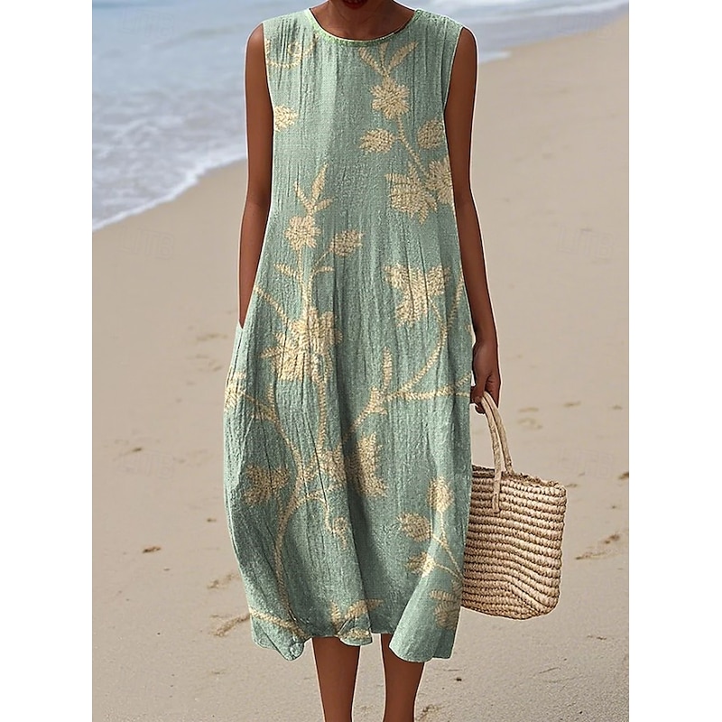 Women's Midi Dress Sundress Shift Dress A Line Dress Vacation Casual Boho Party Going out Beach Loose Fit Floral Graphic Sleeveless Crewneck Light Yellow Deep Green Gray Green Orange red Summer Spring