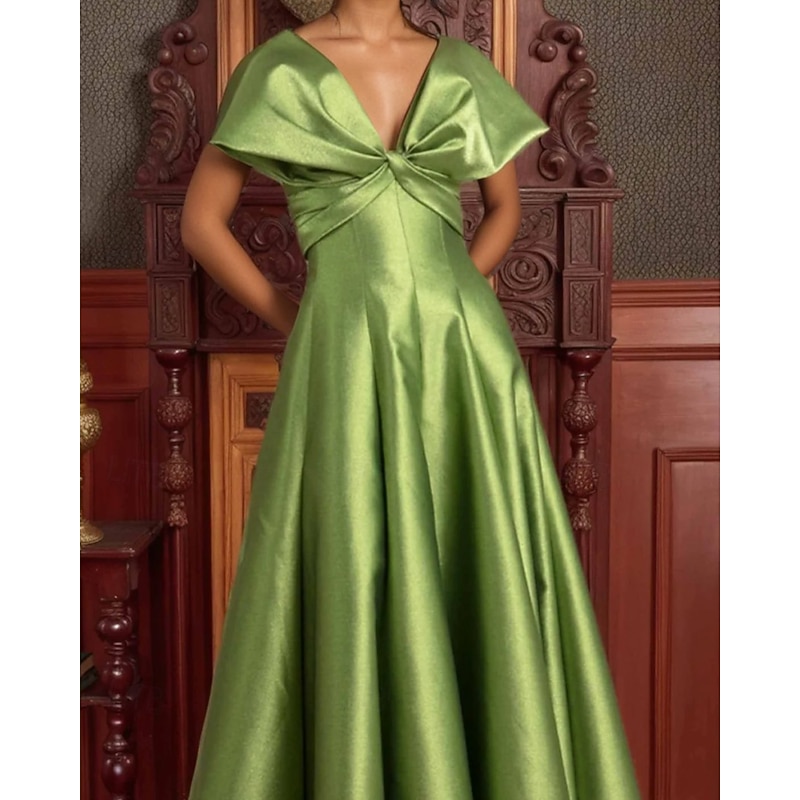 A-Line Evening Gown Elegant Dress Formal Wedding Floor Length Off Shoulder V Neck Stretch Satin with Pocket2