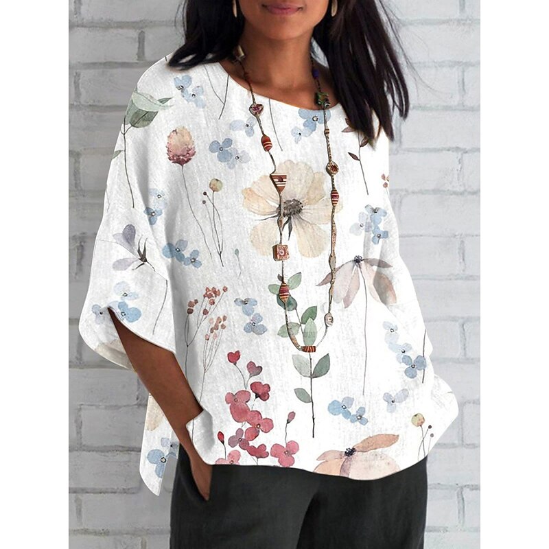 Women's Shirt Floral Daily Casual 3/4 Length Sleeve Crew Neck Regular Tops Daily Holiday Print White Yellow Red Blue Summer Spring Fall4