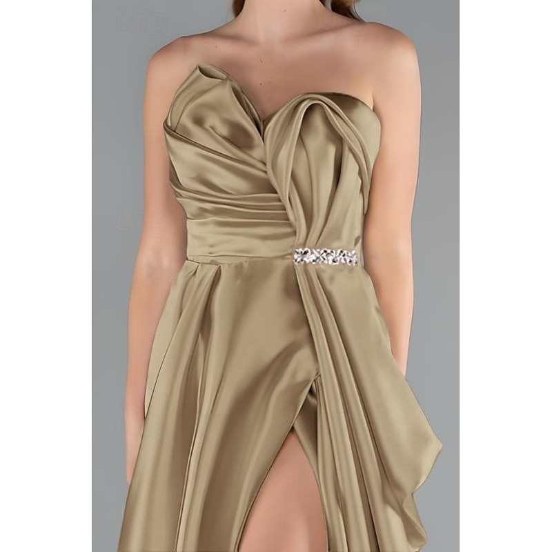 Gold A-Line Evening Gown Elegant Dress Formal Wedding Floor Length Sleeveless Sweetheart Satin with Pleats Slit2