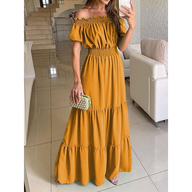 Women's Long Dress Maxi Dress Cocktail Dress Wedding Guest Dress Chiffon Swing Dress Fashion Modern Outdoor Vacation Daily Regular Fit Plain Short Sleeve Off Shoulder Yellow Blue Fuchsia Green Summer4