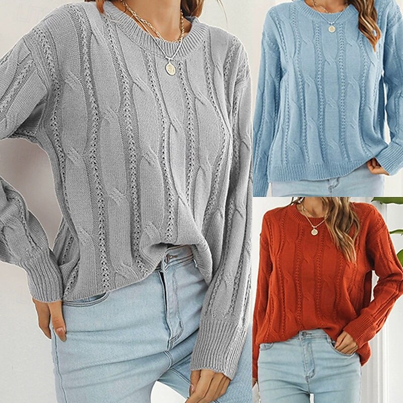 Women's Pullover Casual Solid Color Chunky Crew Neck Knitted Long Sleeve Regular Tops Knit Daily Holiday Going out Red Brown Blue Fall Winter