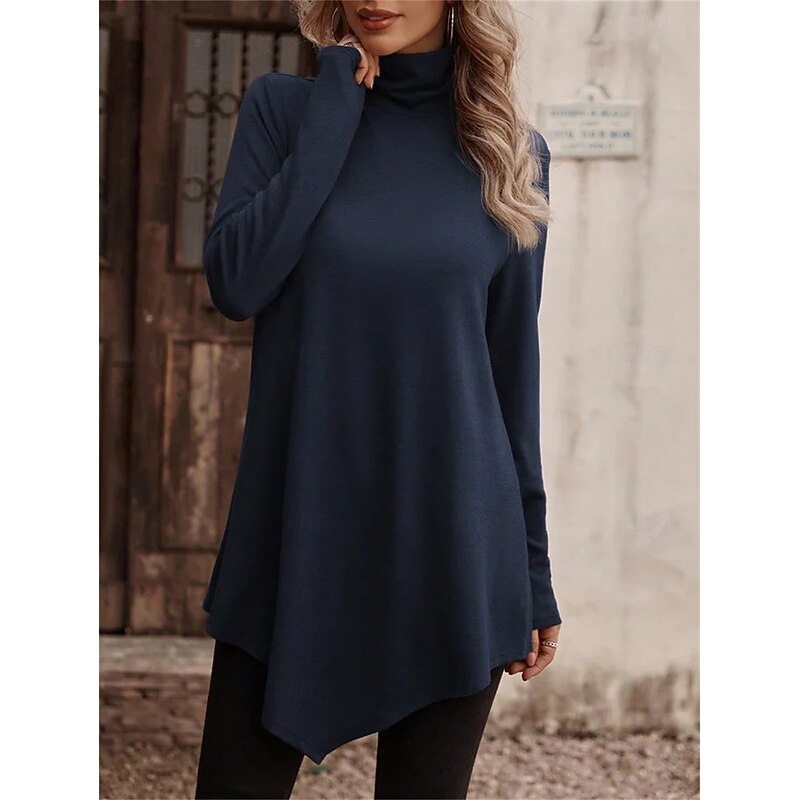 Women's T shirt Long Sleeve Graphic Plain Stylish Classic Casual Long Sleeve Turtleneck Tops Party Evening Wear Daily Going out Asymmetrical Black White Pink Blue Fall Winter Spring Fall Prefall4