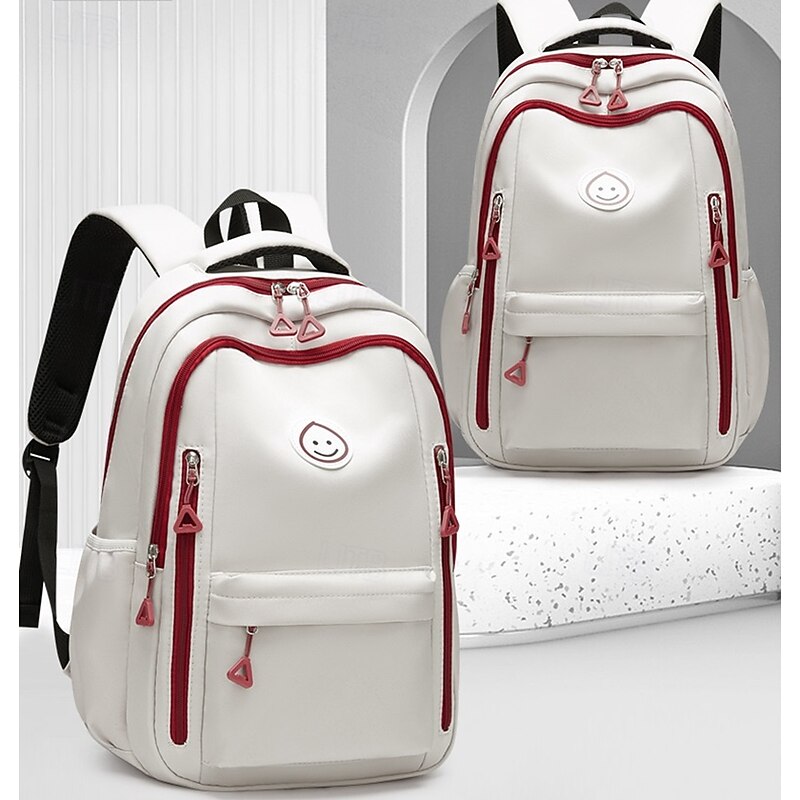 Unisex White School Backpack with Red Zipper Details, Large Capacity Waterproof Multi-Pocket Bookbag for Middle and High School Students2