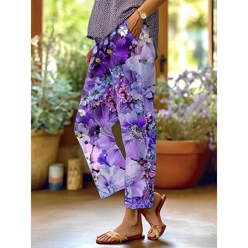 Women's Chinos Vacation Vintage Ethnic Style Full Length High Waist Floral Graphic Pocket Soft Outdoor Breathable Inelastic Outdoor Vacation Street Lilac Summer Spring Fall Regular Fit