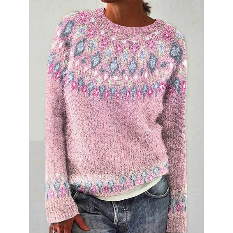 Women's Sweater Casual Soft Geometric Ribbed Crew Neck Knitted Long Sleeve Regular Tops Knit Outdoor Daily Weekend White Yellow Fall Winter3