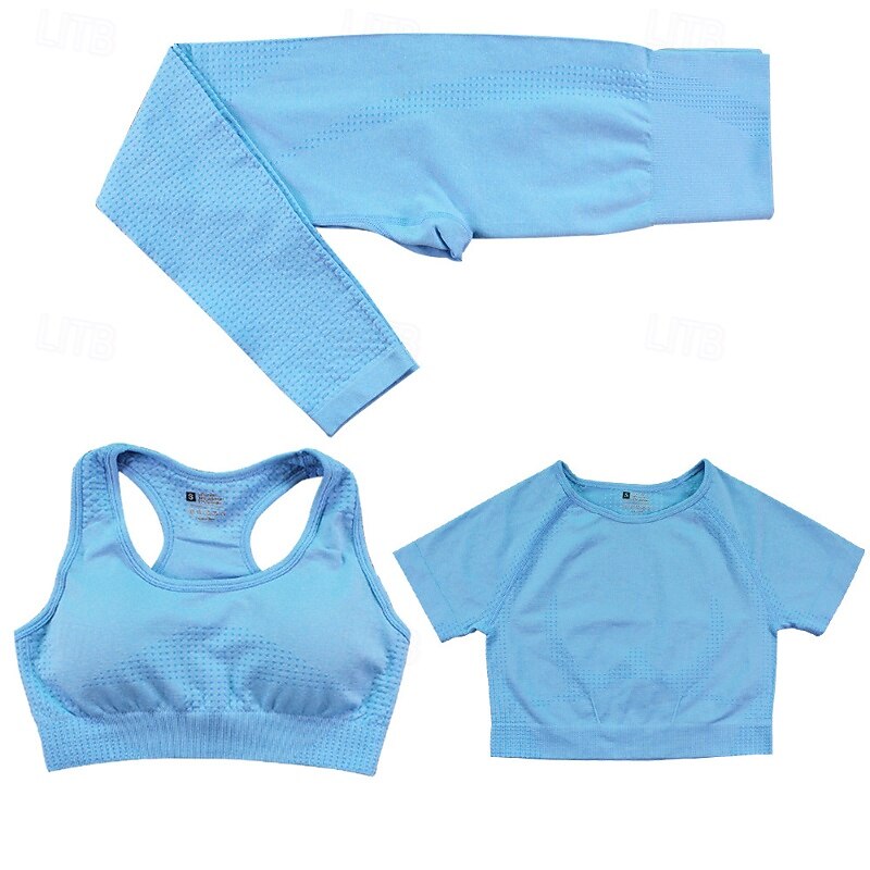 Women's Yoga Sweatsuit Lounge Outfits  Sports Bra Seamless Leggings Solid Color Clothing Suit Dark Grey Lake Blue Gym Workout High Waist Stretchy Breathable Short Sleeve Sport Activewear Slim3