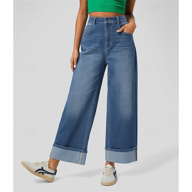 Women's Wide Leg Slacks Casual Full Length Natural Plain Pocket Comfy Street Daily Wear Dark Blue Spring Fall Loose Fit