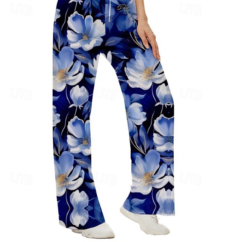 Women's Wide Leg Slacks Streetwear Casual Full Length Natural Flower Print Elastic Drawstring Design Soft Street Holiday Weekend Navy Fall Regular Fit3