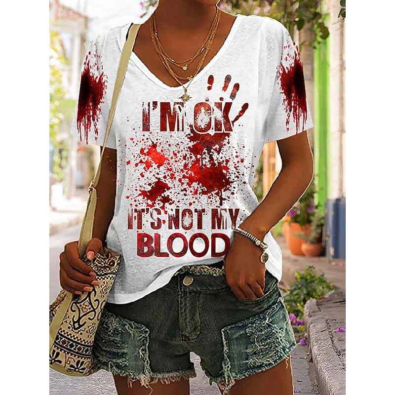 Halloween Women's T Shirt Bloodstain Graphic Letter Vintage Stylish Classic Short Sleeve V Neck Regular Tops Daily Print Black White Blue Green Gray Summer Spring