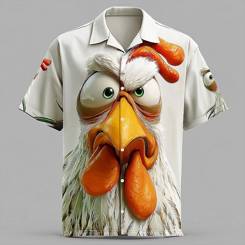 Men's Animal Cartoon Rooster Shirt Cuban Collar Shirt Button Up Shirt Short Sleeve Funny Vacation Holiday Streetwear Summer Camp Collar Shirt 3D Print White 1 White2