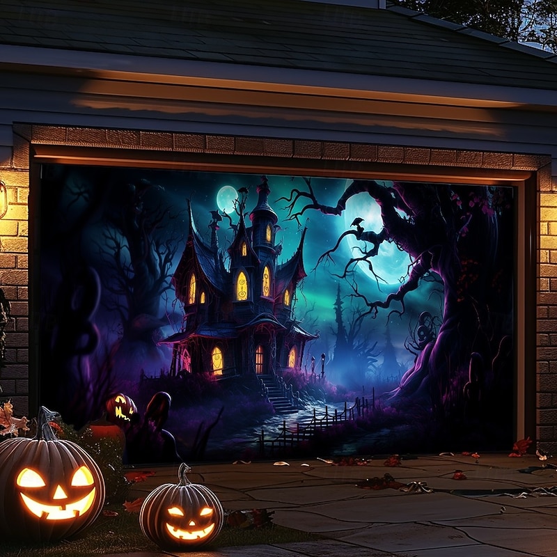Halloween Garage Door Cover Banner Backdrop – Haunted Castle with Bats & Pumpkins, Photography Backdrop for Outdoor Decoration for 2025 Halloween Home Front Yard2