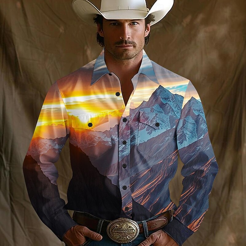 Men's Sun Landscape Mountain Western Shirt Button Up Shirt Cowboy Shirt Long Sleeve Western Outdoor Camping & Hiking Summer Spring Fall Turndown Collared Shirts Front Two Pockets Blue Sky Blue Gray