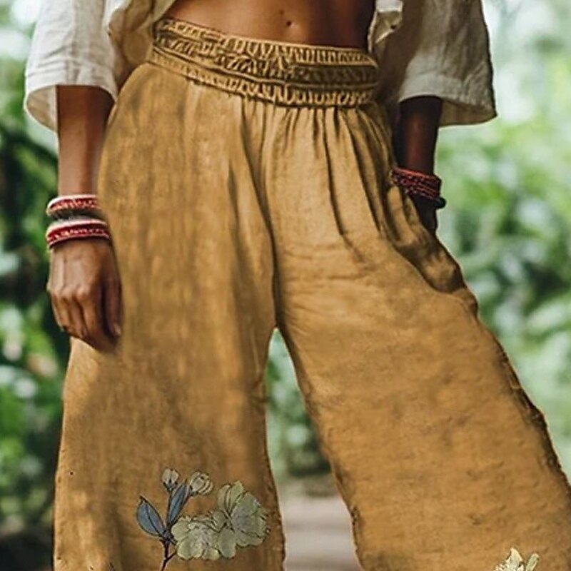 Women's Wide Leg Pants Trousers Palazzo Pants Vintage Boho Full Length High Waist Flower Elastic Waist Printing Breathability Comfortable Street Daily Wear Going out Yellow Spring Fall Regular Fit2