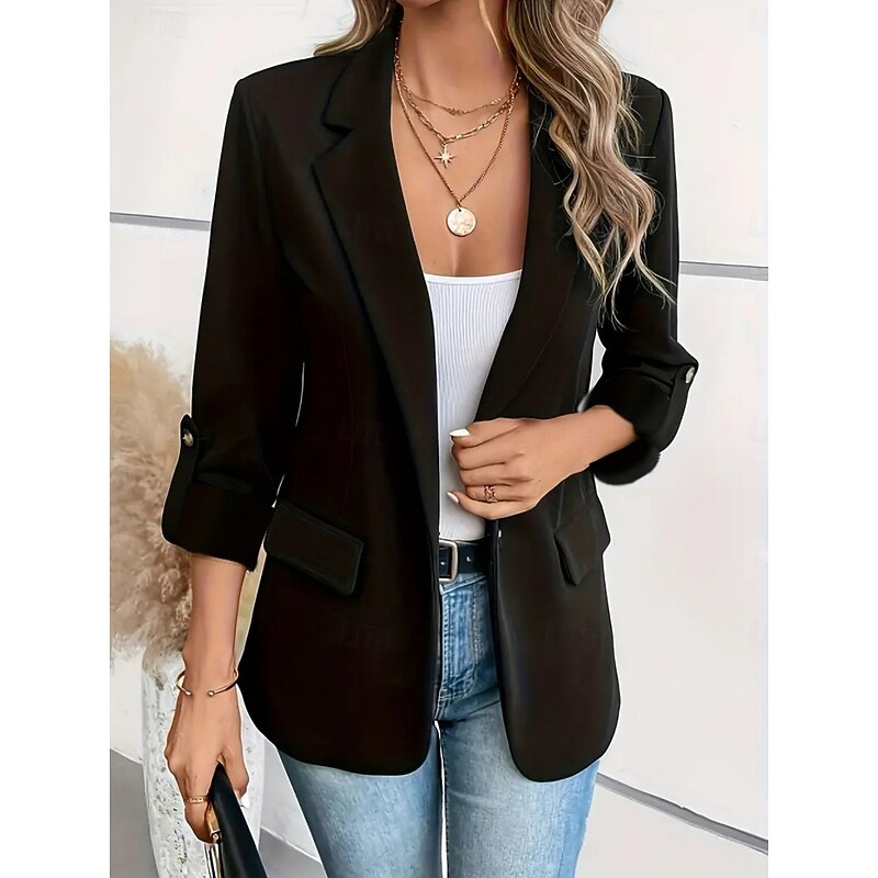 Women's Blazer Comfortable Breathable Pocket Fashion Casual Plain Office Street Casual Daily Wear Single Breasted Regular Turndown Regular Fit Long Sleeve Outerwear Black White Wine Summer Winter4