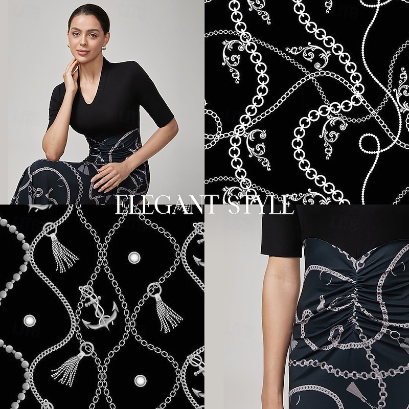 Lyocell Chain Print Colorblock Fishtail Dress4