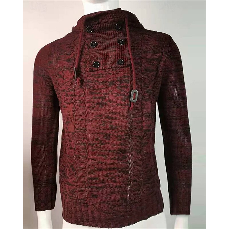 Men's Pullover Sweater Jumper Knit Sweater Ribbed Knit Regular Tops Knitted Plain Hooded Fashion Basic Vacation Daily Wear Clothing Apparel Fall Winter Wine Blue S M L3