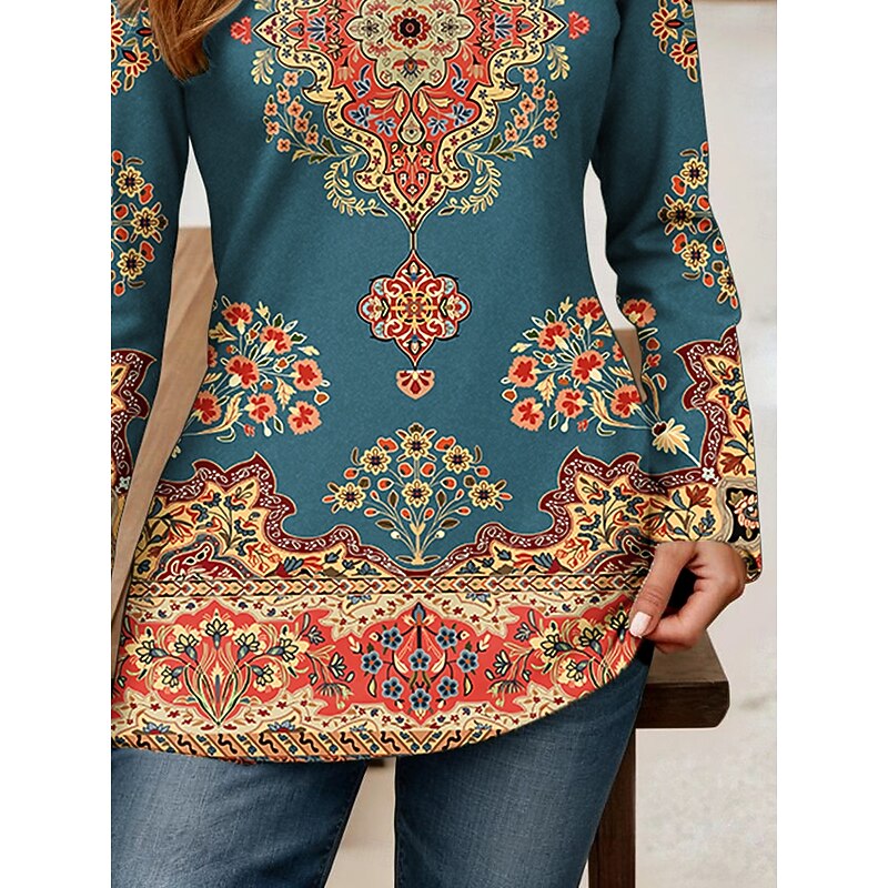 Women's T Shirt Graphic Geometric Paisley Vintage Stylish Classic Long Sleeve V Neck Regular Tops Daily Cut Out Print Dusty Blue Spring Fall3