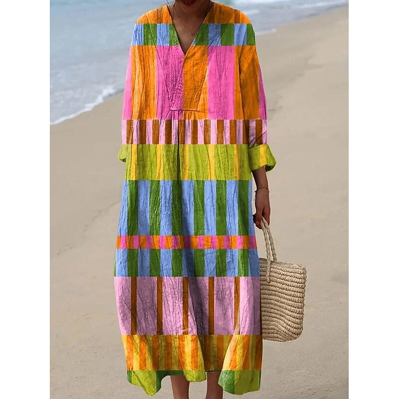 Women's Midi Dress V Neck Long Sleeve Kaftan Lightweight Loose Fit A Line Dress Casual Boho Going out Graphic Geometric Long Sleeve V Neck Blue Fuchsia Orange Fall