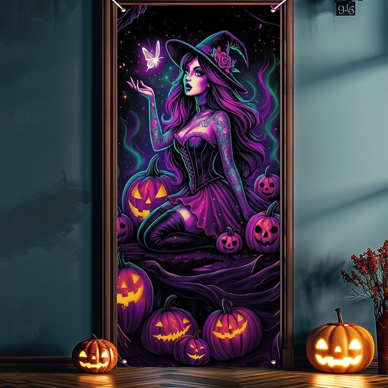Halloween Door Cover Neon Witch Casting Spells Banner, Glowing Blacklight Entrance Decoration for Outdoor & Indoor 2025 Halloween Bedroom, Living Room, Bathroom4