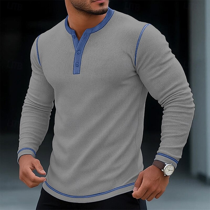 Men's T Shirt Henley Shirt Waffle Knit Tee Tee Top Long Sleeve Shirt Long Sleeve Color Block Solid Fashion Designer Basic Patchwork Henley Vacation Street Casual Spring &  Fall All Seasons Black2