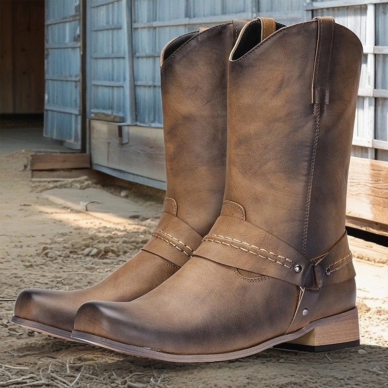 Men's Brown Faux Leather Western Cowboy Boots – Vintage Pull-on Riding Style for Farm Work, Country Music Festivals and Western-Themed Parties