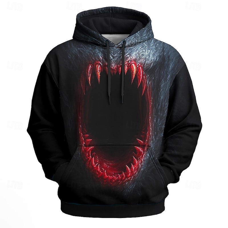 Halloween Men's 3D Mouth Hoodies Sweatshirt Punk Exaggerated Long Sleeve Crew Neck Club Streetwear Red Blue Drawstring Fall Winter Designer