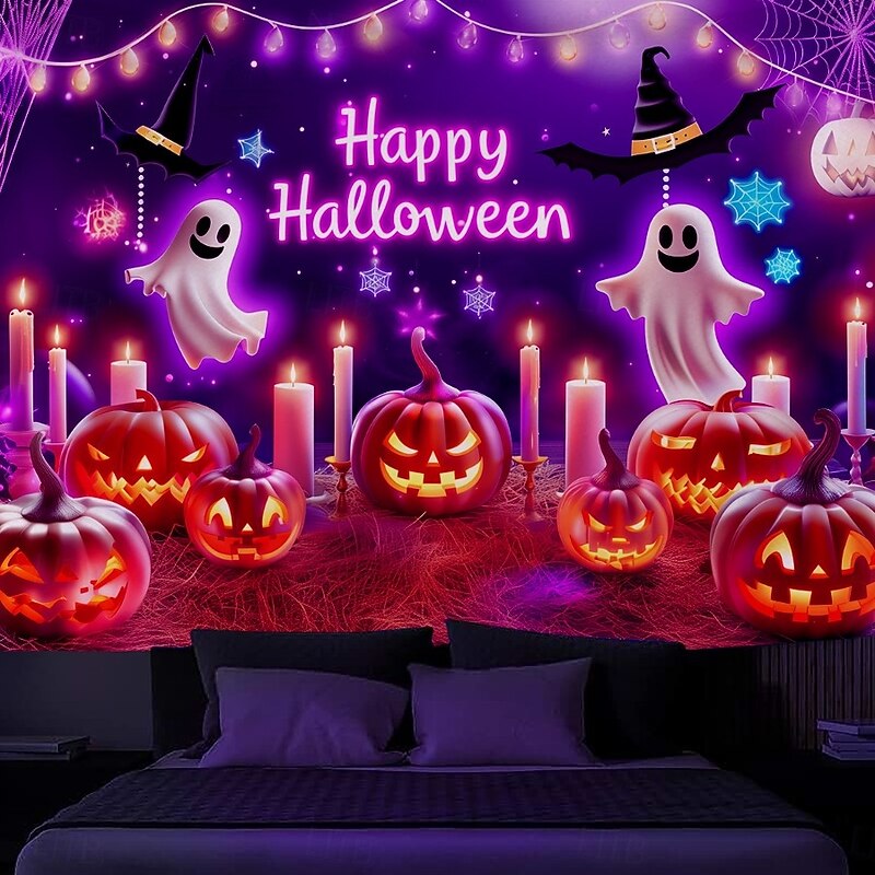 Halloween Blacklight Wall Tapestry – UV Reactive 'Happy Halloween' with Glowing Pumpkins and Candles, Neon Colors Spooky Scene, Glow in the Dark Wall Hanging for 2025 Halloween Party Decoration
