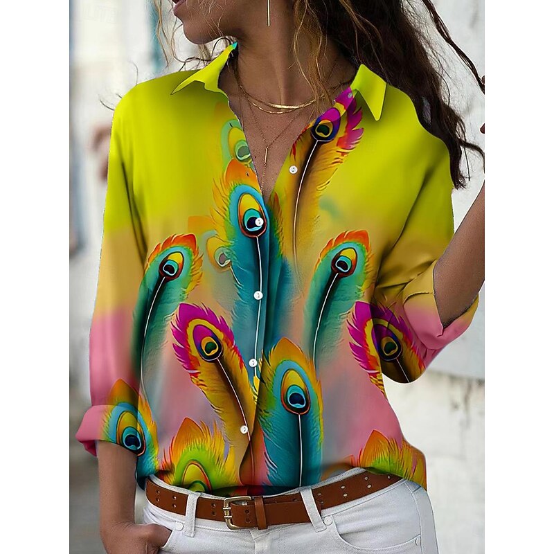 Women's Shirt Button Down Tunic Shirt Collar Long Sleeve Graphic Geometric Vintage Daily Stylish Regular Tops Work Daily s Print Yellow Pink Blue Green Spring2