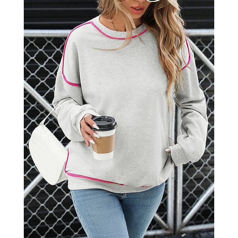 Women's Pullover Sweatshirt Sweatshirts Color Block Streetwear Casual Long Sleeve Crew Neck Regular Tops Street Going out Patchwork Light Grey Fall Winter